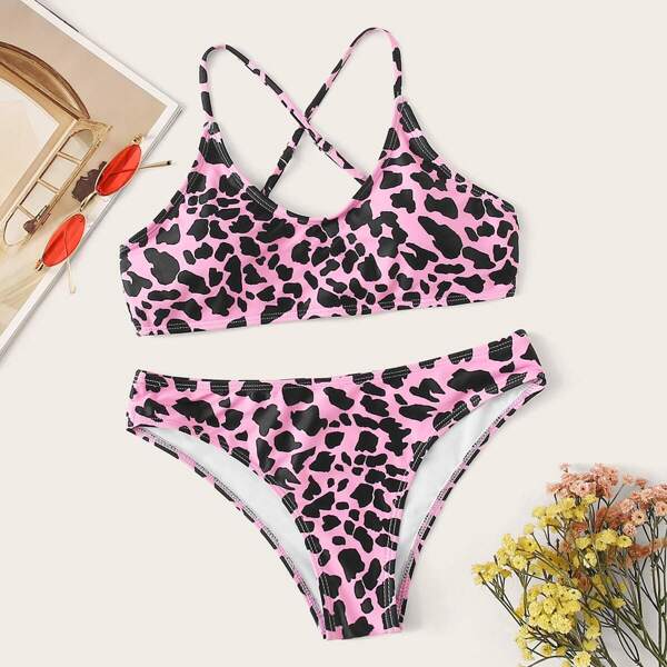 

Leopard Criss Cross Top With Panty Bikini, Pink