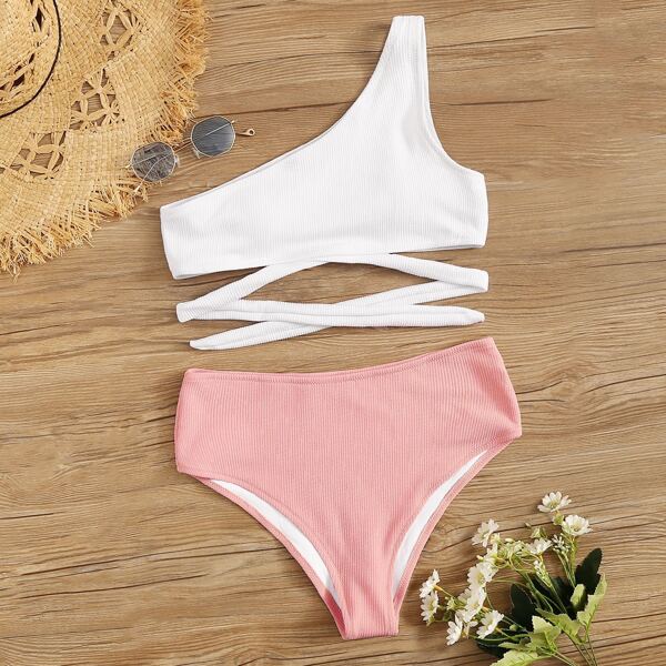 

Two Tone Ribbed One Shoulder Bikini Set, Multicolor