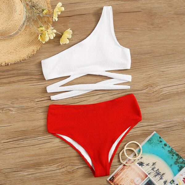 

Two Tone Ribbed One Shoulder Bikini Set, Multicolor