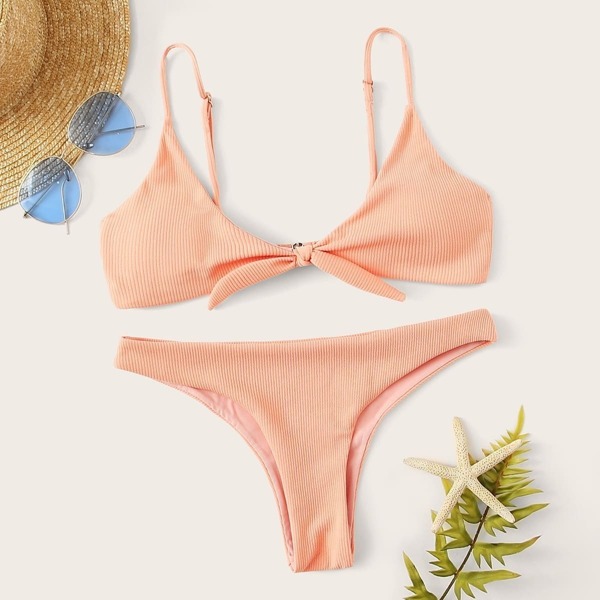 

Tie Front Ribbed Top With Cheeky Bikini Set