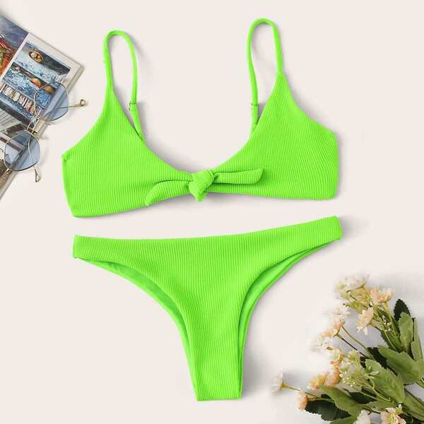 

Neon Green Tie Front Ribbed Bikini Set