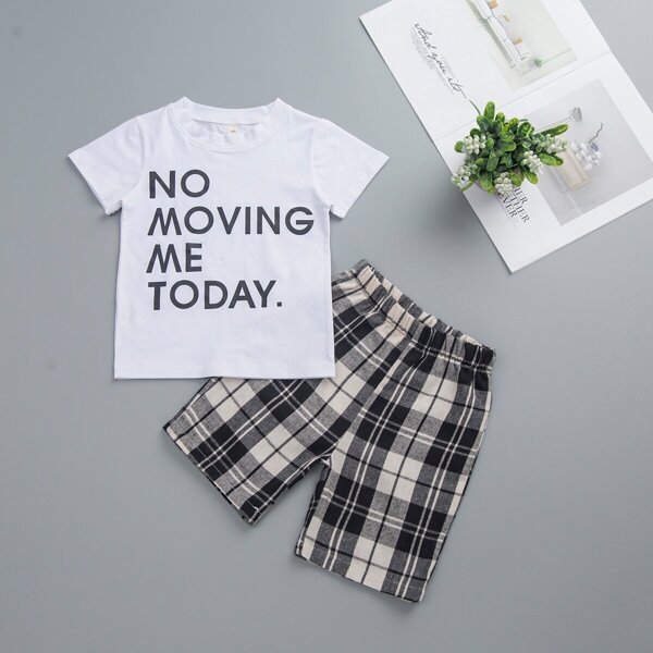 

Toddler Boys Slogan Print Tee With Plaid Shorts, Multicolor