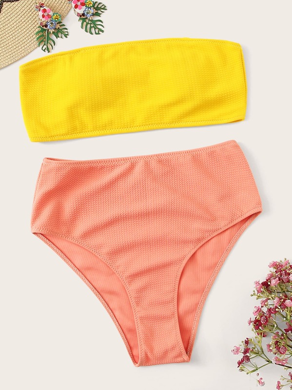 

Two Tone Bandeau With High Waist Bikini, Multicolor