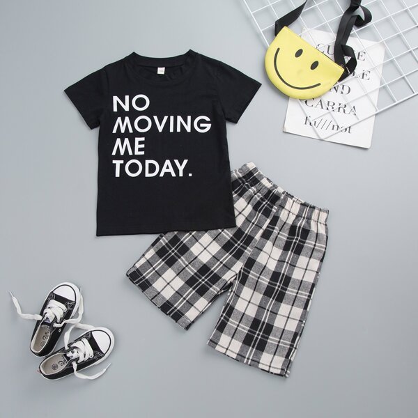 

Toddler Boys Slogan Print Tee With Plaid Shorts, Multicolor