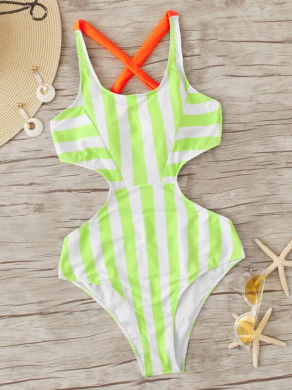 

Cutout Side Criss Cross Striped Monokini, Green