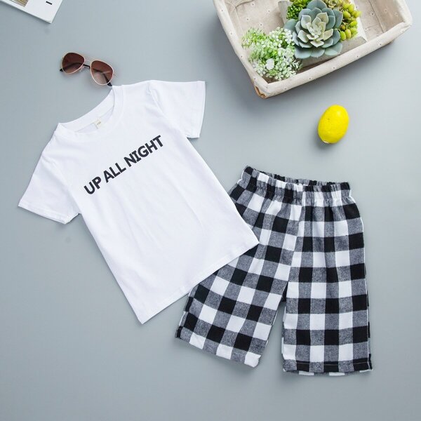

Toddler Boys Phrase Print Tee With Buffalo Plaid Shorts, Black and white