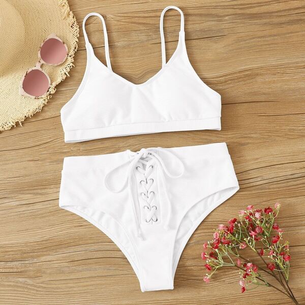 

Lace-up High Waist Bikini Set, White
