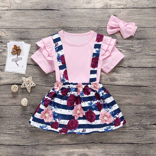 

Toddler Girls Ruffle Tee & Floral Print Straps Skirt & Headband