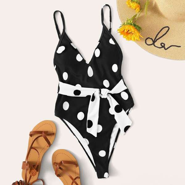 

Polka Dot Belted High Leg One Piece Swimwear