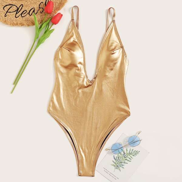

Metallic Plunging Neck One Piece Swimwear, Gold