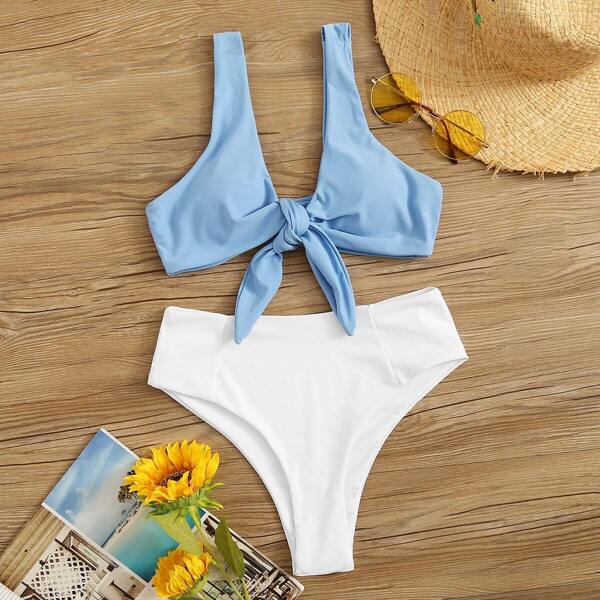 

Tie Front Top With High Waist Bikini Set, Multicolor