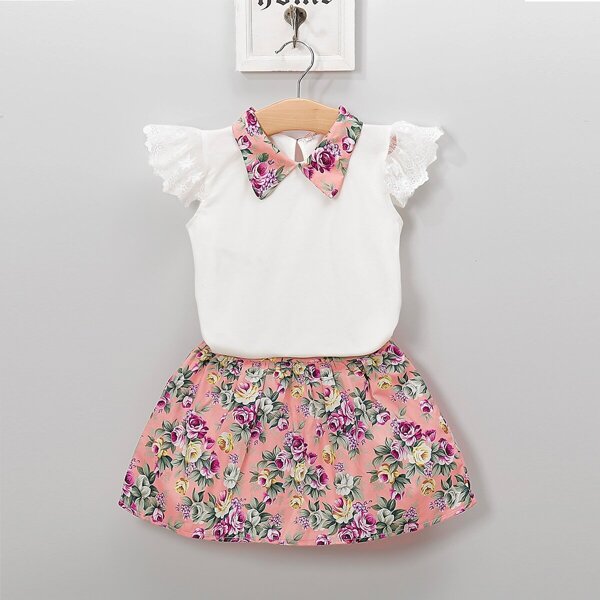 

Toddler Girls Contrast Collar Top With Floral Print Skirt, Multicolor
