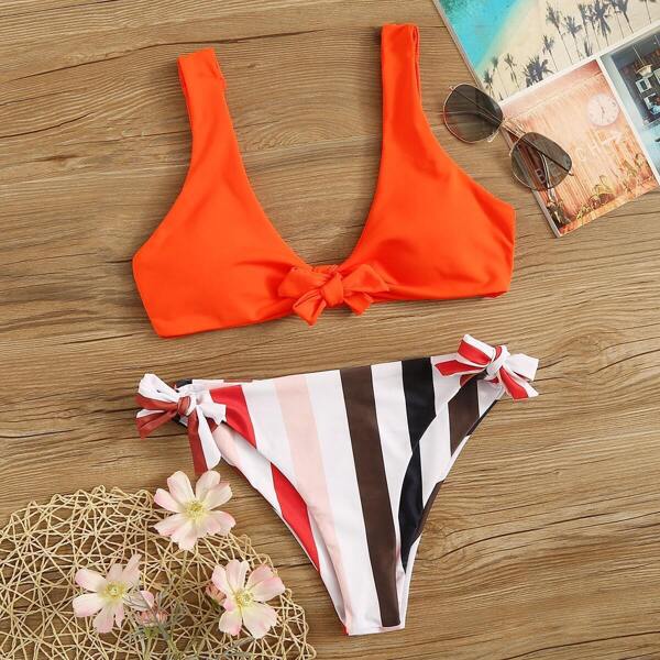 

Neon Orange Top With Striped Tie Side Bikini Set
