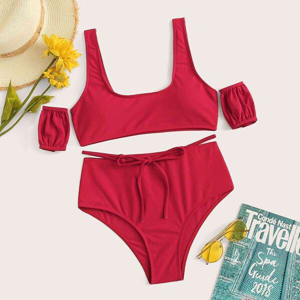 

Self Tie High Waist Bikini Set With Removable Sleeve