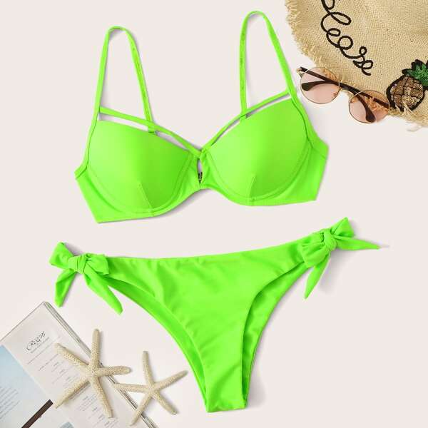 

Neon Green Harness Top With Tie Side Bikini Set