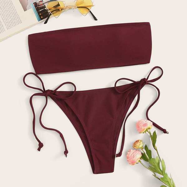

Bandeau Top With Tie Side Bikini Set, Burgundy