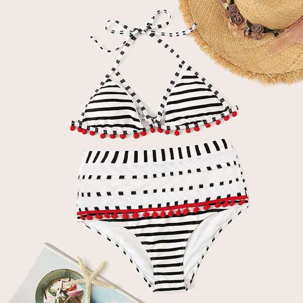 

Pom Pom Triangle Top With High Waist Bikini