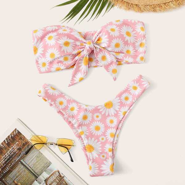 

Daisy Print Bandeau Top With High Cut Bikini Set, Multicolor