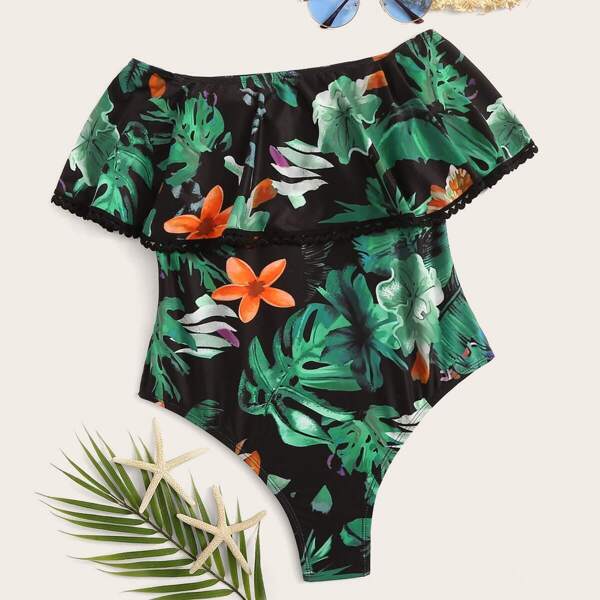 

Random Jungle Print Bardot Flounce One Piece Swimwear