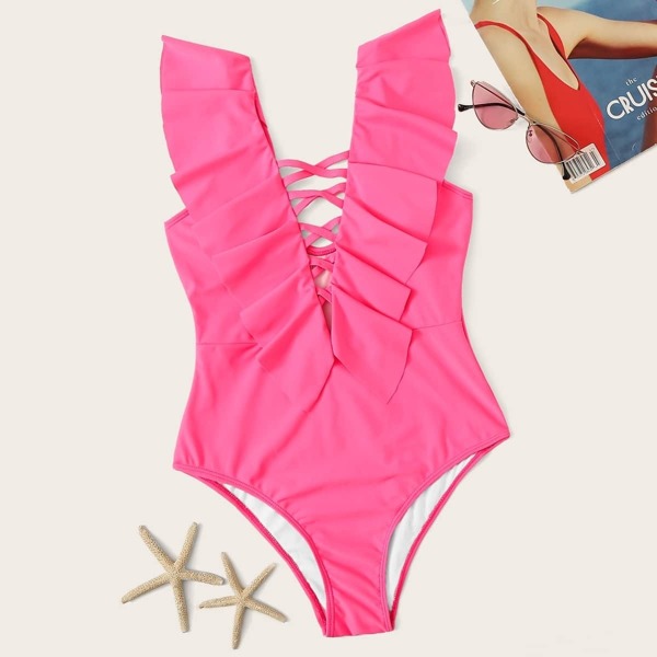 

Neon Hot Pink Lattice Ruffle Trim One Piece Swimwear