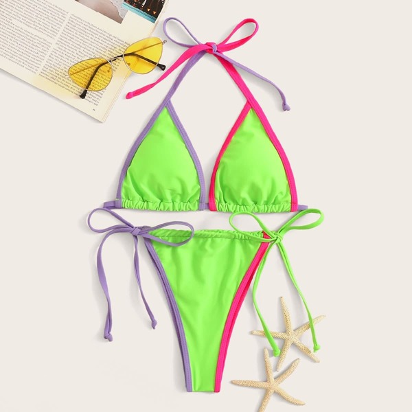 

Neon Green Contrast Piping Halter Bikini Set