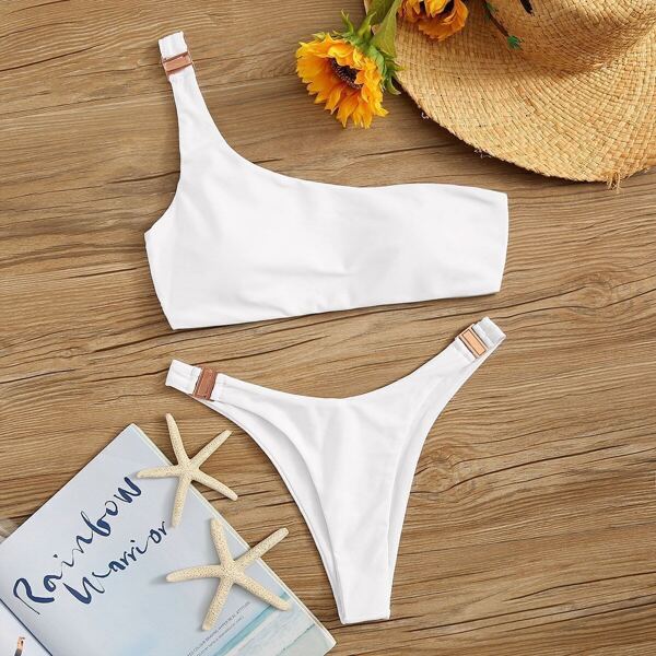 

One Shoulder Buckle Bikini Set, White
