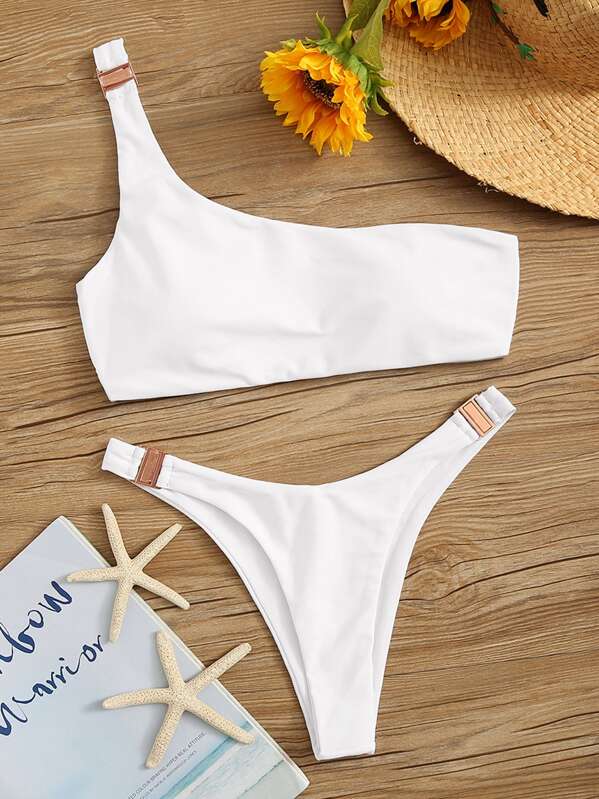 

One Shoulder Buckle Bikini Set, White