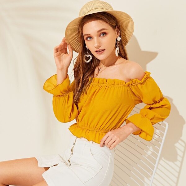 

Off The Shoulder Solid Flounce Trim Blouse
