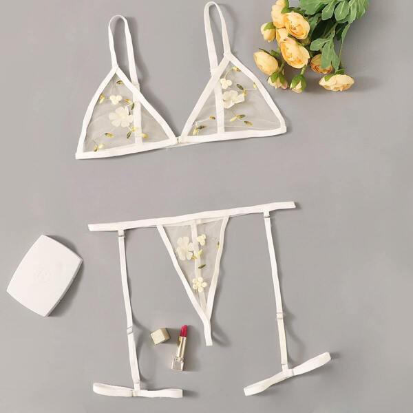 

Floral Embroidered Garter Lingerie Set