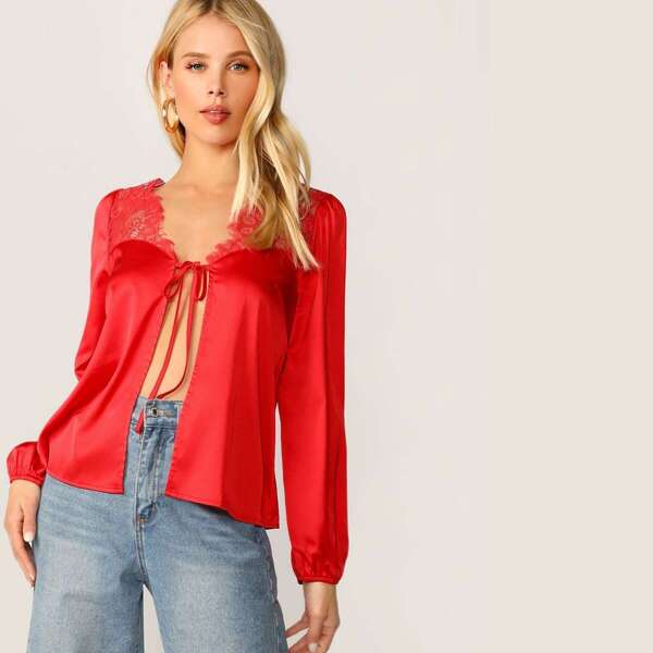 

Eyelash Lace Yoke Knot Front Satin Blouse, Red