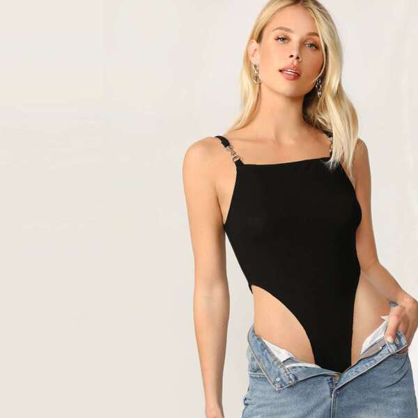 

Buckle Strap High Cut Bodysuit, Black