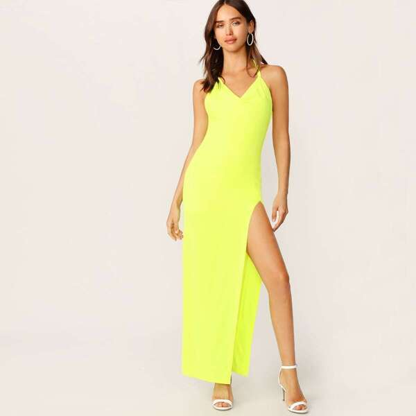 

Neon Yellow Draped Neck Split Halter Dress, Yellow bright