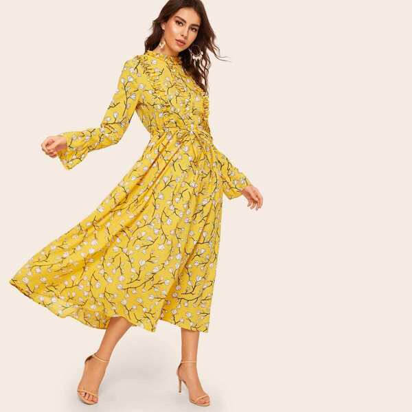

Ditsy Floral Print Flounce Sleeve Belted Dress, Yellow