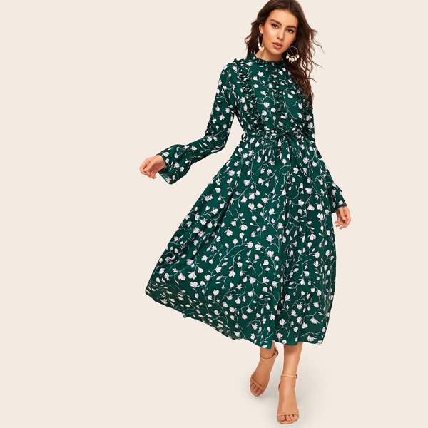 

Ditsy Floral Print Flounce Sleeve Belted Dress, Green