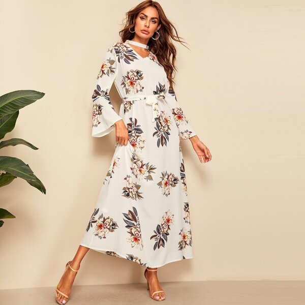 

Floral Print Flounce Sleeve Belted Maxi Dress, Beige