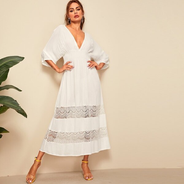 

Contrast Lace Deep V Neck Knot-back Dress, White