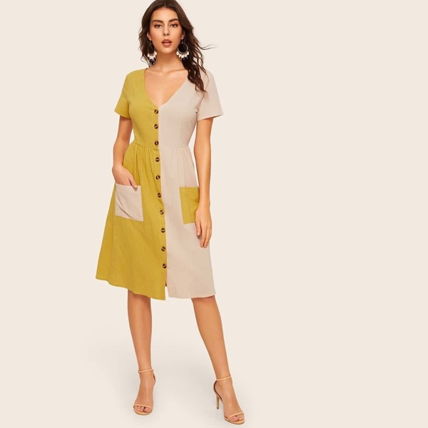 

Spliced Trim Button Front Dual Pocket Shirt Dress, Multicolor