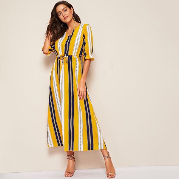 

Striped Drawstring Waist Elastic Cuff Dress, Multicolor