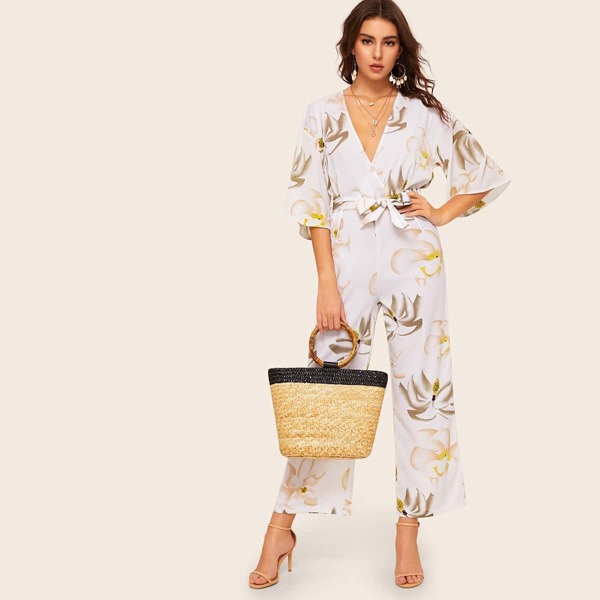 

Floral print Belted Deep V Neck Wide Leg Jumpsuit