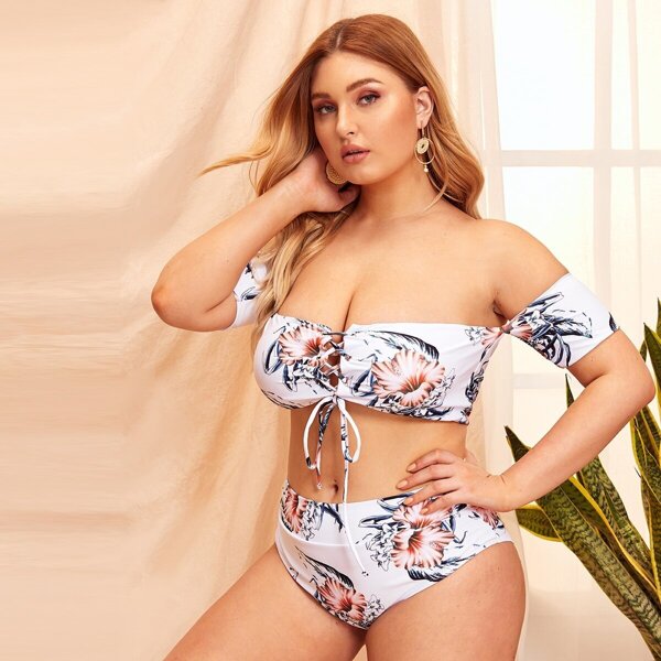 

Plus Lace-up Off Shoulder Top With High Waist Bikini, White