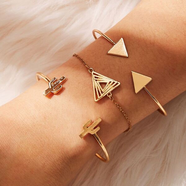 

Triangle & Cactus Design Bracelet 3pcs, Gold