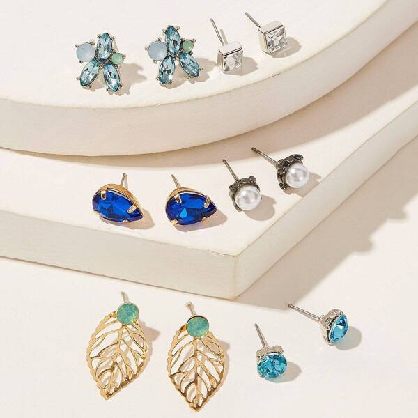 

Gemstone & Leaf Stud Earrings 6pairs