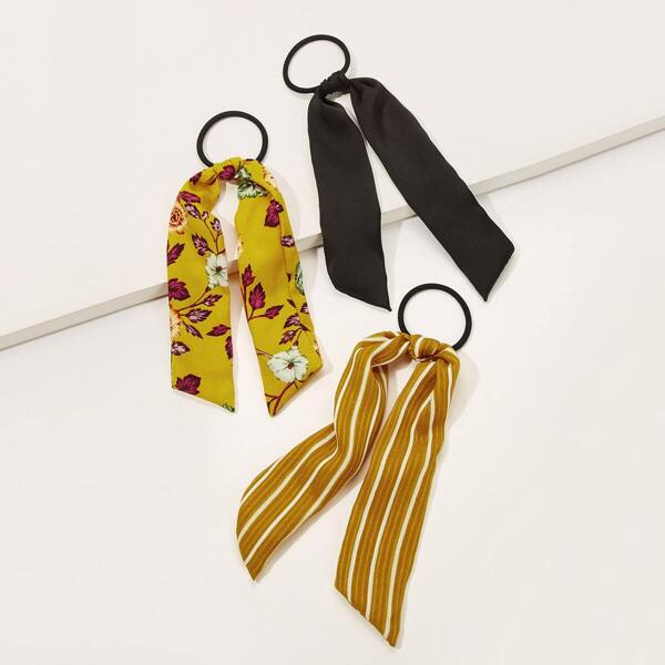 

Floral & Ribbed Long Tailed Ponytail Holder 3pack, Multicolor