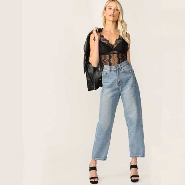 

Swiss Dot Mesh Lace Bodysuit Without Bra