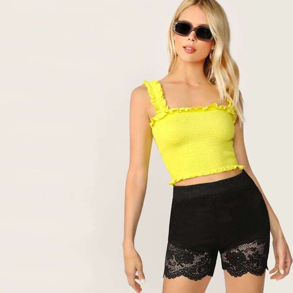 

Wide Band Waist Lace Overlay Skinny Shorts, Black