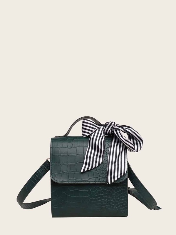 

Twilly Scarf Croc Embossed Satchel Bag, Green