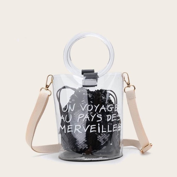 

Slogan Print Clear Bag With Sequins Inner Clutch