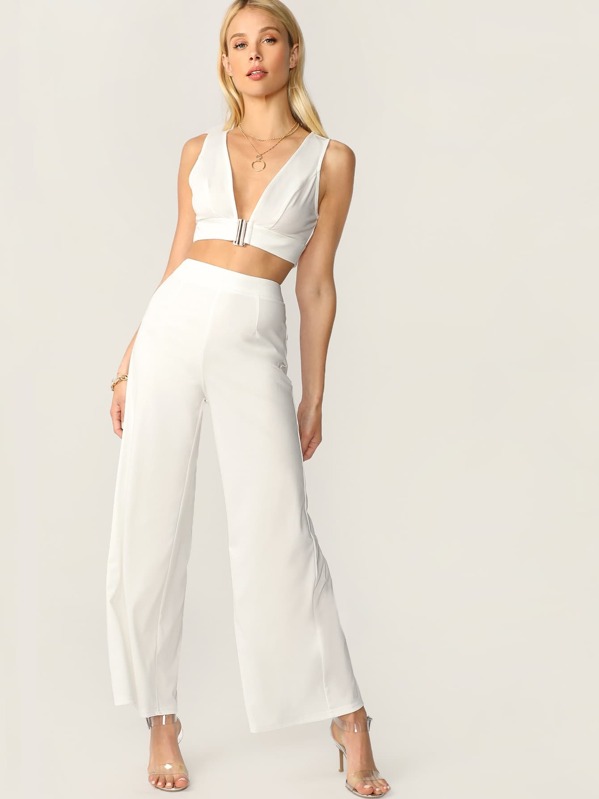 

Plunging Neck Top and High Waist Palazzo Pants Set, White, Allie Leggett
