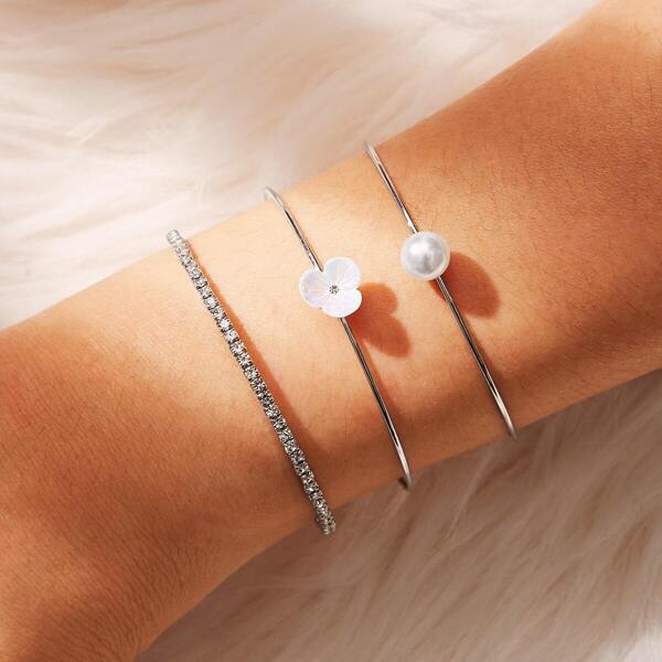 

Faux Pearl & Flower Cuff Bracelet 3pcs