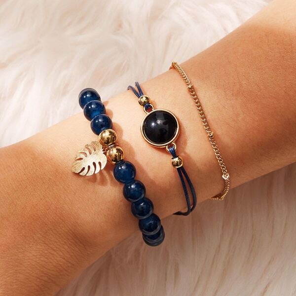 

Leaf Charm Bead Bracelet Set 3pcs